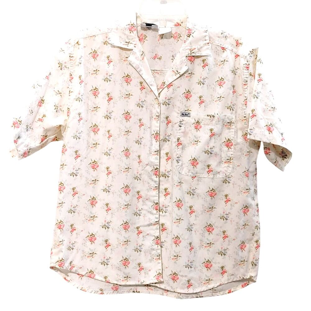 Vintage Ilio Button Up Shirt Floral Pink White Chest Pocket Top Womens Medium